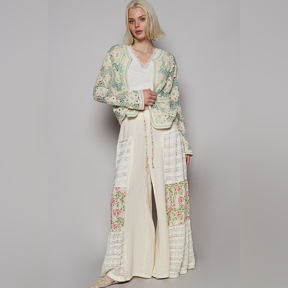 POL Floral Crochet Cardigan in Mint and Cream cover up - Picture 3 of 4